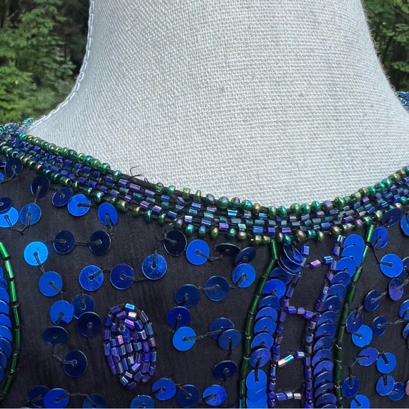 Vintage Laurence Kazar full Sequin and Beaded Blue and Green Silk Blazer Jacket - Picture 17 of 17
